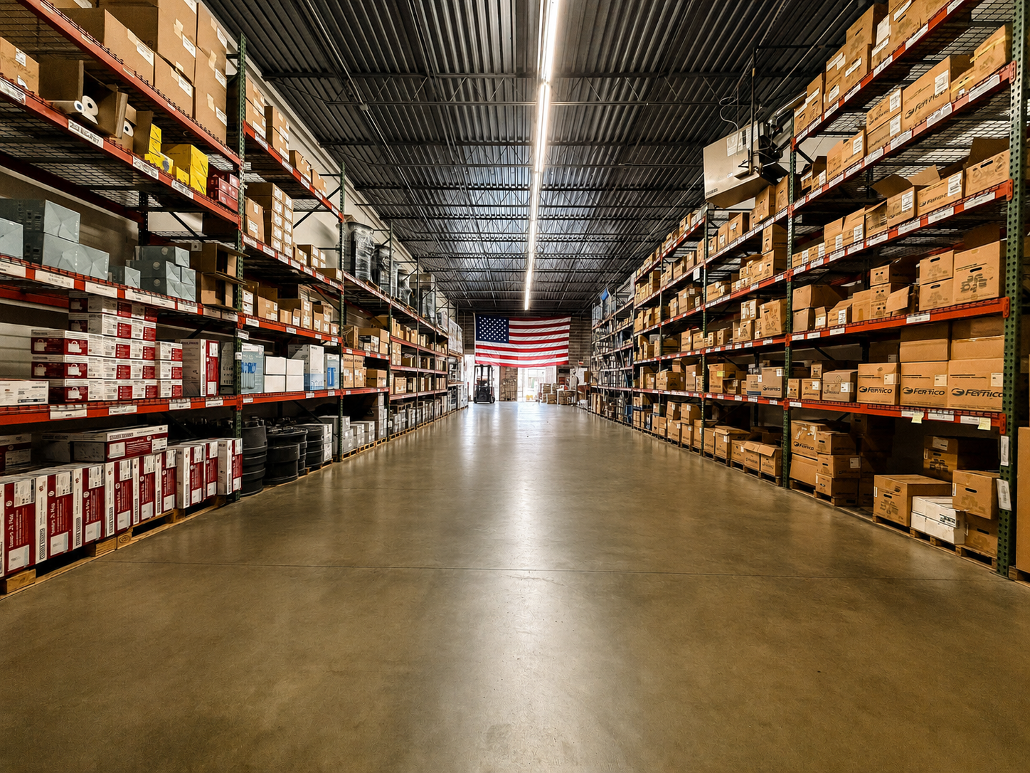 United Sales Agency warehouse aisle stocked with manufacturer products beneath an American flag